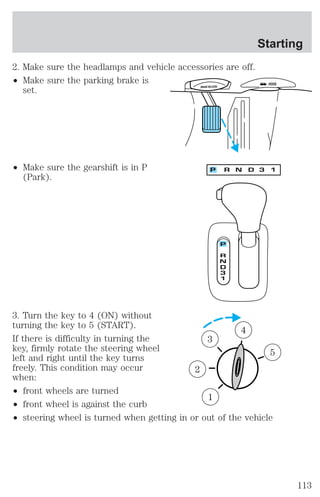 2. Make sure the headlamps and vehicle accessories are off. 
² Make sure the parking brake is 
set. 
² Make sure the gearshift is in P 
(Park). 
Starting 
BRAKE RELEASE HOOD 
3. Turn the key to 4 (ON) without 
turning the key to 5 (START). 
4 
If there is difficulty in turning the 
3 
key, firmly rotate the steering wheel 
left and right until the key turns 
freely. This condition may occur 
2 
when: 
² front wheels are turned 
1 
² front wheel is against the curb 
² steering wheel is turned when getting in or out of the vehicle 
5 
113 
 