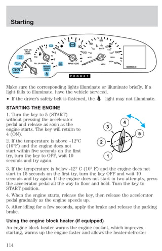 80 
60 
100 
km/h 
120 
MPH 
5 6 
ABS 
T/C 
OFF 
! P 
BRAKE 
– + 
RPMx1000 
TURN ON 
HEAD 
LAMPS 
NORM 
C 
H 
E 
F 
FILL ON RIGHT 
SERVICE 
ENGINE 
SOON 
3 
AIR 
BAG 
2 
0 
1 
4 
7 
20 
0 
80 
100 
120 
40 
40 
20 
0 
60 
140 
160 
180 
200 
000000.0 
P R N D 3 1 
Make sure the corresponding lights illuminate or illuminate briefly. If a 
light fails to illuminate, have the vehicle serviced. 
² If the driver’s safety belt is fastened, the light may not illuminate. 
STARTING THE ENGINE 
1. Turn the key to 5 (START) 
without pressing the accelerator 
pedal and release as soon as the 
4 
engine starts. The key will return to 
3 
4 (ON). 
5 
2. If the temperature is above –12°C 
2 
(10°F) and the engine does not 
start within five seconds on the first 
try, turn the key to OFF, wait 10 
1 
seconds and try again. 
3. If the temperature is below -12° C (10° F) and the engine does not 
start in 15 seconds on the first try, turn the key OFF and wait 10 
seconds and try again. If the engine does not start in two attempts, press 
the accelerator pedal all the way to floor and hold. Turn the key to 
START position. 
4. When the engine starts, release the key, then release the accelerator 
pedal gradually as the engine speeds up. 
5. After idling for a few seconds, apply the brake and release the parking 
brake. 
Using the engine block heater (if equipped) 
An engine block heater warms the engine coolant, which improves 
starting, warms up the engine faster and allows the heater-defroster 
Starting 
114 
 