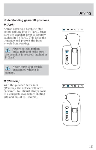 Understanding gearshift positions 
P (Park) 
Always come to a complete stop 
before shifting into P (Park). Make 
sure the gearshift lever is securely 
latched in P (Park). This locks the 
transaxle and prevent the front 
wheels from rotating. 
Always set the parking 
brake fully and make sure 
the gearshift is securely latched in 
P (Park). 
Never leave your vehicle 
unattended while it is 
running. 
R (Reverse) 
With the gearshift lever in R 
(Reverse), the vehicle will move 
backward. You should always come 
to a complete stop before shifting 
into and out of R (Reverse). 
Driving 
123 
 