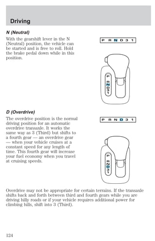 Driving 
N (Neutral) 
With the gearshift lever in the N 
(Neutral) position, the vehicle can 
be started and is free to roll. Hold 
the brake pedal down while in this 
position. 
D (Overdrive) 
The overdrive position is the normal 
driving position for an automatic 
overdrive transaxle. It works the 
same way as 3 (Third) but shifts to 
a fourth gear — an overdrive gear 
— when your vehicle cruises at a 
constant speed for any length of 
time. This fourth gear will increase 
your fuel economy when you travel 
at cruising speeds. 
Overdrive may not be appropriate for certain terrains. If the transaxle 
shifts back and forth between third and fourth gears while you are 
driving hilly roads or if your vehicle requires additional power for 
climbing hills, shift into 3 (Third). 
124 
 