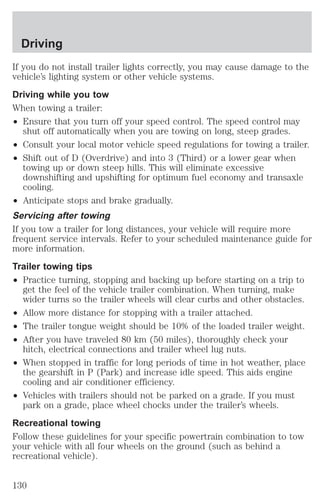 Driving 
If you do not install trailer lights correctly, you may cause damage to the 
vehicle’s lighting system or other vehicle systems. 
Driving while you tow 
When towing a trailer: 
² Ensure that you turn off your speed control. The speed control may 
shut off automatically when you are towing on long, steep grades. 
² Consult your local motor vehicle speed regulations for towing a trailer. 
² Shift out of D (Overdrive) and into 3 (Third) or a lower gear when 
towing up or down steep hills. This will eliminate excessive 
downshifting and upshifting for optimum fuel economy and transaxle 
cooling. 
² Anticipate stops and brake gradually. 
Servicing after towing 
If you tow a trailer for long distances, your vehicle will require more 
frequent service intervals. Refer to your scheduled maintenance guide for 
more information. 
Trailer towing tips 
² Practice turning, stopping and backing up before starting on a trip to 
get the feel of the vehicle trailer combination. When turning, make 
wider turns so the trailer wheels will clear curbs and other obstacles. 
² Allow more distance for stopping with a trailer attached. 
² The trailer tongue weight should be 10% of the loaded trailer weight. 
² After you have traveled 80 km (50 miles), thoroughly check your 
hitch, electrical connections and trailer wheel lug nuts. 
² When stopped in traffic for long periods of time in hot weather, place 
the gearshift in P (Park) and increase idle speed. This aids engine 
cooling and air conditioner efficiency. 
² Vehicles with trailers should not be parked on a grade. If you must 
park on a grade, place wheel chocks under the trailer’s wheels. 
Recreational towing 
Follow these guidelines for your specific powertrain combination to tow 
your vehicle with all four wheels on the ground (such as behind a 
recreational vehicle). 
130 
 
