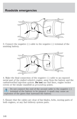 + 
– 
Roadside emergencies 
+ 
– 
3. Connect the negative (-) cable to the negative (-) terminal of the 
assisting battery. 
+ 
– 
+ 
– 
4. Make the final connection of the negative (-) cable to an exposed 
metal part of the stalled vehicle’s engine, away from the battery and the 
carburetor/fuel injection system. Do not use fuel lines, engine rocker 
covers or the intake manifold as grounding points. 
Do not connect the end of the second cable to the negative (-) 
terminal of the battery to be jumped. A spark may cause an 
explosion of the gases that surround the battery. 
5. Ensure that the cables are clear of fan blades, belts, moving parts of 
both engines, or any fuel delivery system parts. 
146 
 