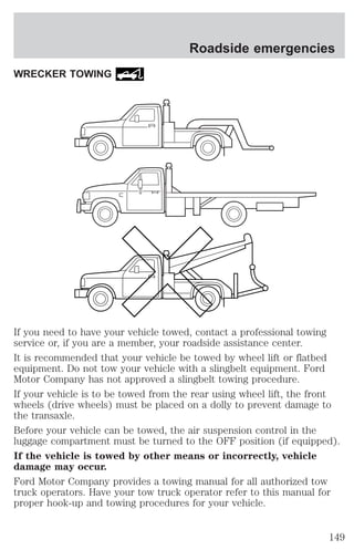 WRECKER TOWING 
Roadside emergencies 
If you need to have your vehicle towed, contact a professional towing 
service or, if you are a member, your roadside assistance center. 
It is recommended that your vehicle be towed by wheel lift or flatbed 
equipment. Do not tow your vehicle with a slingbelt equipment. Ford 
Motor Company has not approved a slingbelt towing procedure. 
If your vehicle is to be towed from the rear using wheel lift, the front 
wheels (drive wheels) must be placed on a dolly to prevent damage to 
the transaxle. 
Before your vehicle can be towed, the air suspension control in the 
luggage compartment must be turned to the OFF position (if equipped). 
If the vehicle is towed by other means or incorrectly, vehicle 
damage may occur. 
Ford Motor Company provides a towing manual for all authorized tow 
truck operators. Have your tow truck operator refer to this manual for 
proper hook-up and towing procedures for your vehicle. 
149 
 