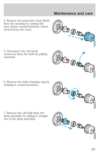 4. Remove the protective dust shield 
from the housing by turning the 
dust shield counterclockwise (when 
viewed from the rear). 
5. Disconnect the electrical 
connector from the bulb by pulling 
rearward. 
6. Remove the bulb retaining ring by 
rotating it counterclockwise. 
7. Remove the old bulb from the 
lamp assembly by pulling it straight 
out of the lamp assembly. 
Maintenance and care 
187 
 