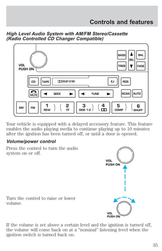 Controls and features 
High Level Audio System with AM/FM Stereo/Cassette 
(Radio Controlled CD Changer Compatible) 
VOL 
PUSH ON 
BASS 
TREB 
CD EJ RDS 
TAPE 
DOLBY B NR 
MUTE SEEK TUNE 
AM FM 
SEL 
BAL 
FADE 
SCAN AUTO 
1 2 3 4 5 6 
REW FF SIDE 1-2 COMP SHUFF 
Your vehicle is equipped with a delayed accessory feature. This feature 
enables the audio playing media to continue playing up to 10 minutes 
after the ignition has been turned off, or until a door is opened. 
Volume/power control 
Press the control to turn the audio 
system on or off. 
Turn the control to raise or lower 
volume. 
VOL 
PUSH ON 
VOL 
PUSH ON 
If the volume is set above a certain level and the ignition is turned off, 
the volume will come back on at a “nominal” listening level when the 
ignition switch is turned back on. 
35 
 