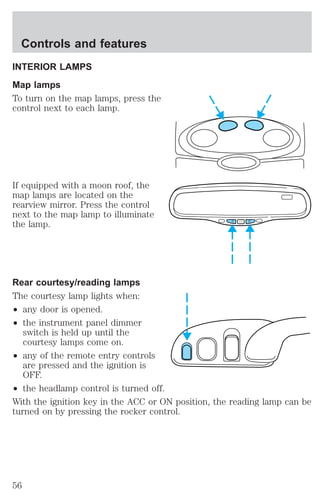Controls and features 
INTERIOR LAMPS 
Map lamps 
To turn on the map lamps, press the 
control next to each lamp. 
If equipped with a moon roof, the 
map lamps are located on the 
rearview mirror. Press the control 
next to the map lamp to illuminate 
the lamp. 
Rear courtesy/reading lamps 
The courtesy lamp lights when: 
² any door is opened. 
² the instrument panel dimmer 
switch is held up until the 
courtesy lamps come on. 
² any of the remote entry controls 
are pressed and the ignition is 
OFF. 
² the headlamp control is turned off. 
With the ignition key in the ACC or ON position, the reading lamp can be 
turned on by pressing the rocker control. 
56 
 
