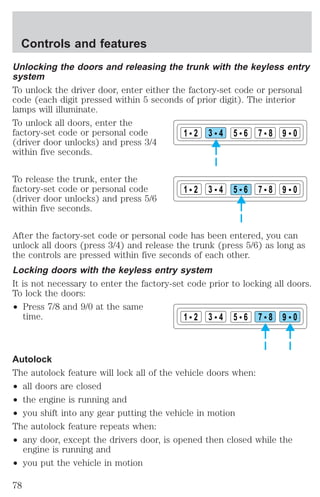 Unlocking the doors and releasing the trunk with the keyless entry 
system 
To unlock the driver door, enter either the factory-set code or personal 
code (each digit pressed within 5 seconds of prior digit). The interior 
lamps will illuminate. 
To unlock all doors, enter the 
factory-set code or personal code 
(driver door unlocks) and press 3/4 
within five seconds. 
To release the trunk, enter the 
factory-set code or personal code 
(driver door unlocks) and press 5/6 
within five seconds. 
After the factory-set code or personal code has been entered, you can 
unlock all doors (press 3/4) and release the trunk (press 5/6) as long as 
the controls are pressed within five seconds of each other. 
Locking doors with the keyless entry system 
It is not necessary to enter the factory-set code prior to locking all doors. 
To lock the doors: 
² Press 7/8 and 9/0 at the same 
time. 
Autolock 
The autolock feature will lock all of the vehicle doors when: 
² all doors are closed 
² the engine is running and 
² you shift into any gear putting the vehicle in motion 
The autolock feature repeats when: 
² any door, except the drivers door, is opened then closed while the 
engine is running and 
² you put the vehicle in motion 
1 2 3 4 5 6 7 8 9 0 
1 2 3 4 5 6 7 8 9 0 
1 2 3 4 5 6 7 8 9 0 
Controls and features 
78 
 