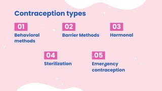 Contraception types
01 02
04
03
05
Behavioral
methods
Barrier Methods Hormonal
Sterilization Emergency
contraception
 