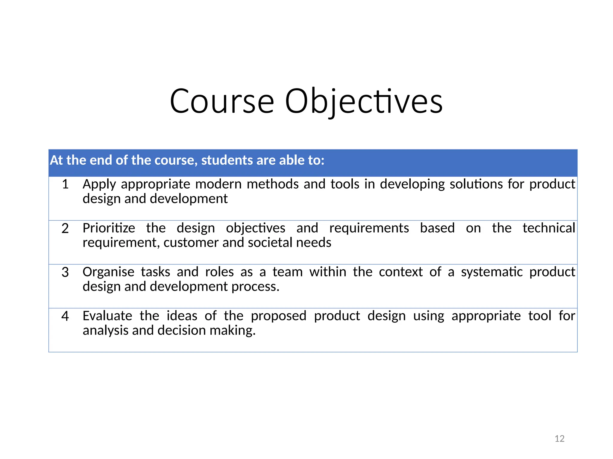 Course Objectives
12
At the end of the course, students are able to:
1 Apply appropriate modern methods and tools in developing solutions for product
design and development
2 Prioritize the design objectives and requirements based on the technical
requirement, customer and societal needs
3 Organise tasks and roles as a team within the context of a systematic product
design and development process.
4 Evaluate the ideas of the proposed product design using appropriate tool for
analysis and decision making.
 