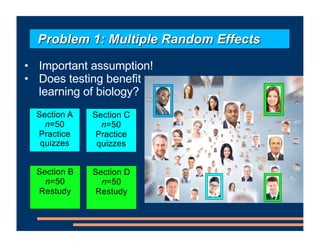 • Important assumption!
• Does testing benefit
learning of biology?
Problem 1: Multiple Random Effects
Section A
n=50
Practice
quizzes
Section C
n=50
Practice
quizzes
Section B
n=50
Restudy
Section D
n=50
Restudy
 