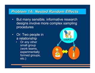 • But many sensible, informative research
designs involve more complex sampling
procedures
• Or: Two people in
a relationship
• Or any other
small group
(work teams,
experimentally
formed groups,
etc.)
COUPLE 1
Problem 1A: Nested Random Effects
 