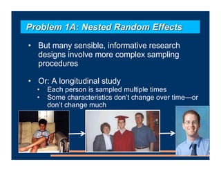 • But many sensible, informative research
designs involve more complex sampling
procedures
• Or: A longitudinal study
• Each person is sampled multiple times
• Some characteristics don’t change over time—or
don’t change much
Problem 1A: Nested Random Effects
 