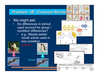 Problem 1B: Crossed Random Effects
• We might ask:
• Do differences in stimuli
used account for group /
condition differences?
• e.g., Maybe easier
vocab words used in
one condition
Unprimed
Primed
EAGLE
PENGUIN
EAGLE
MONKEY
 