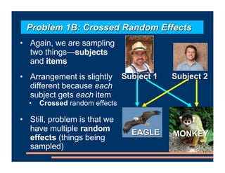 Problem 1B: Crossed Random Effects
• Again, we are sampling
two things—subjects
and items
• Arrangement is slightly
different because each
subject gets each item
• Crossed random effects
• Still, problem is that we
have multiple random
effects (things being
sampled)
Subject 1 Subject 2
EAGLE MONKEY
 