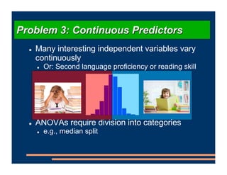! Many interesting independent variables vary
continuously
! Or: Second language proficiency or reading skill
! ANOVAs require division into categories
! e.g., median split
Problem 3: Continuous Predictors
 