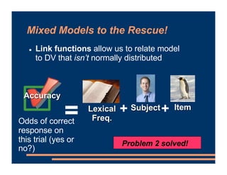Mixed Models to the Rescue!
! Link functions allow us to relate model
to DV that isn’t normally distributed
= Item
+ +
Lexical
Freq.
Subject
Odds of correct
response on
this trial (yes or
no?)
Accuracy
Problem 2 solved!
 