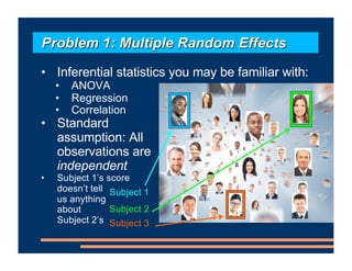 • Inferential statistics you may be familiar with:
• ANOVA
• Regression
• Correlation
• Standard
assumption: All
observations are
independent
• Subject 1’s score
doesn’t tell
us anything
about
Subject 2’s
Problem 1: Multiple Random Effects
Subject 1
Subject 2
Subject 3
 