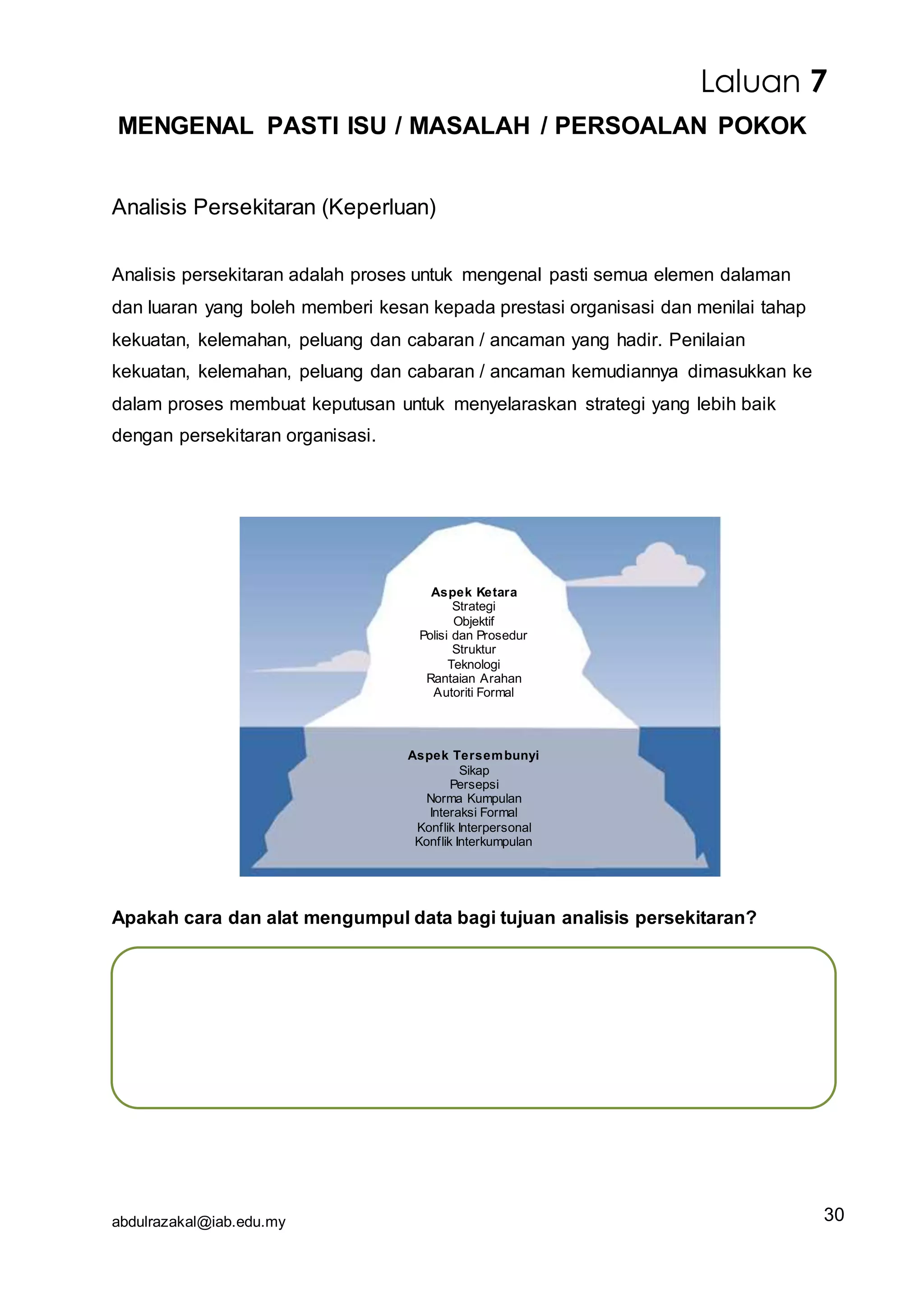 abdulrazakal@iab.edu.my
MENGENAL PASTI ISU / MASALAH / PERSOALAN POKOK
Analisis Persekitaran (Keperluan)
Analisis persekitaran adalah proses untuk mengenal pasti semua elemen dalaman
dan luaran yang boleh memberi kesan kepada prestasi organisasi dan menilai tahap
kekuatan, kelemahan, peluang dan cabaran / ancaman yang hadir. Penilaian
kekuatan, kelemahan, peluang dan cabaran / ancaman kemudiannya dimasukkan ke
dalam proses membuat keputusan untuk menyelaraskan strategi yang lebih baik
dengan persekitaran organisasi.
Apakah cara dan alat mengumpul data bagi tujuan analisis persekitaran?
Laluan 7
Aspek Ketara
Strategi
Objektif
Polisi dan Prosedur
Struktur
Teknologi
Rantaian Arahan
Autoriti Formal
Aspek Tersembunyi
Sikap
Persepsi
Norma Kumpulan
Interaksi Formal
Konflik Interpersonal
Konflik Interkumpulan
30
 