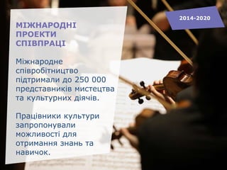 МІЖНАРОДНІ
ПРОЕКТИ
СПІВПРАЦІ
Міжнародне
співробітництво
підтримали до 250 000
представників мистецтва
та культурних діячів.
Працівники культури
запропонували
можливості для
отримання знань та
навичок.
2014-2020
 
