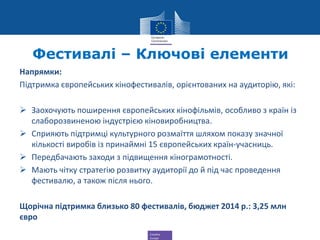 Creative
Europe
Напрямки:
Підтримка європейських кінофестивалів, орієнтованих на аудиторію, які:
 Заохочують поширення європейських кінофільмів, особливо з країн із
слаборозвиненою індустрією кіновиробництва.
 Сприяють підтримці культурного розмаїття шляхом показу значної
кількості виробів із принаймні 15 європейських країн-учасниць.
 Передбачають заходи з підвищення кінограмотності.
 Мають чітку стратегію розвитку аудиторії до й під час проведення
фестивалю, а також після нього.
Щорічна підтримка близько 80 фестивалів, бюджет 2014 р.: 3,25 млн
євро
Фестивалі – Ключові елементи
 