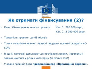 Date: in 12 pts
Culture
Як отримати фінансування (2)?
• Макс. Фінансування одного проекту: Кат. 1: 200 000 євро;
Кат. 2: 2 000 000 євро.
• Тривалість проекту: до 48 місяців
• Тільки співфінансування: «власні ресурси» повинні складати 40-
50%
• В одній категорії допускаються послідовні заявки. Паралельні
заявки можливі у різних категоріях (із різних тем!)
• У країні повинно бути представництво «Креативної Європи».
 