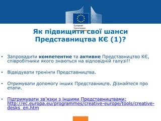 Date: in 12 pts
Culture
Як підвищити свої шанси
Представництва КЄ (1)?
• Запровадити компетентне та активне Представництво КЄ,
співробітники якого знаються на відповідній галузі!!
• Відвідувати тренінги Представництва.
• Отримувати допомогу інших Представництв. Дізнайтеся про
етапи.
• Підтримувати зв’язки з іншими Представництвами:
http://ec.europa.eu/programmes/creative-europe/tools/creative-
desks_en.htm
 