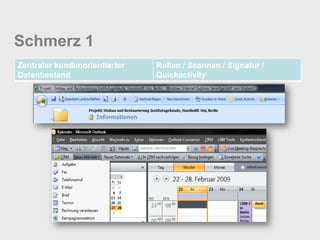 Schmerz 1
Zentraler kundenorientierter   Rollen / Scannen / Signatur /
Datenbestand                   Quickactivity
 