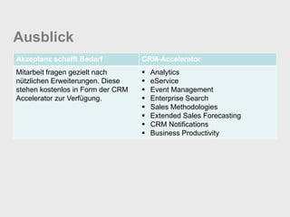 Ausblick
Akzeptanz schafft Bedarf           CRM-Accelerator
Mitarbeit fragen gezielt nach         Analytics
nützlichen Erweiterungen. Diese       eService
stehen kostenlos in Form der CRM      Event Management
Accelerator zur Verfügung.            Enterprise Search
                                      Sales Methodologies
                                      Extended Sales Forecasting
                                      CRM Notifications
                                      Business Productivity
 