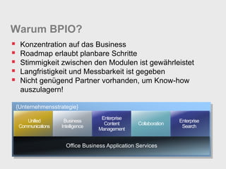Warum BPIO?
    Konzentration auf das Business
    Roadmap erlaubt planbare Schritte
    Stimmigkeit zwischen den Modulen ist gewährleistet
    Langfristigkeit und Messbarkeit ist gegeben
    Nicht genügend Partner vorhanden, um Know-how
     auszulagern!

    {Unternehmensstrategie}
                                      Enterprise
        Unified        Business                                     Enterprise
                                       Content      Collaboration
     Communications   Intelligence                                   Search
                                     Management


                        Office Business Application Services
 