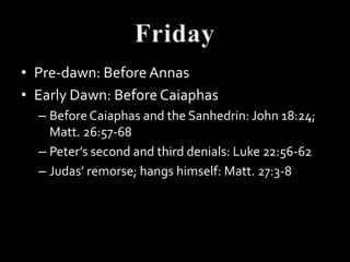 • Pre-dawn: Before Annas
• Early Dawn: Before Caiaphas
  – Before Caiaphas and the Sanhedrin: John 18:24;
    Matt. 26:57-68
  – Peter’s second and third denials: Luke 22:56-62
  – Judas’ remorse; hangs himself: Matt. 27:3-8
 