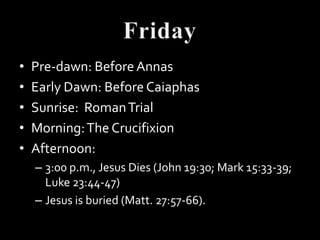 •   Pre-dawn: Before Annas
•   Early Dawn: Before Caiaphas
•   Sunrise: Roman Trial
•   Morning: The Crucifixion
•   Afternoon:
    – 3:00 p.m., Jesus Dies (John 19:30; Mark 15:33-39;
      Luke 23:44-47)
    – Jesus is buried (Matt. 27:57-66).
 