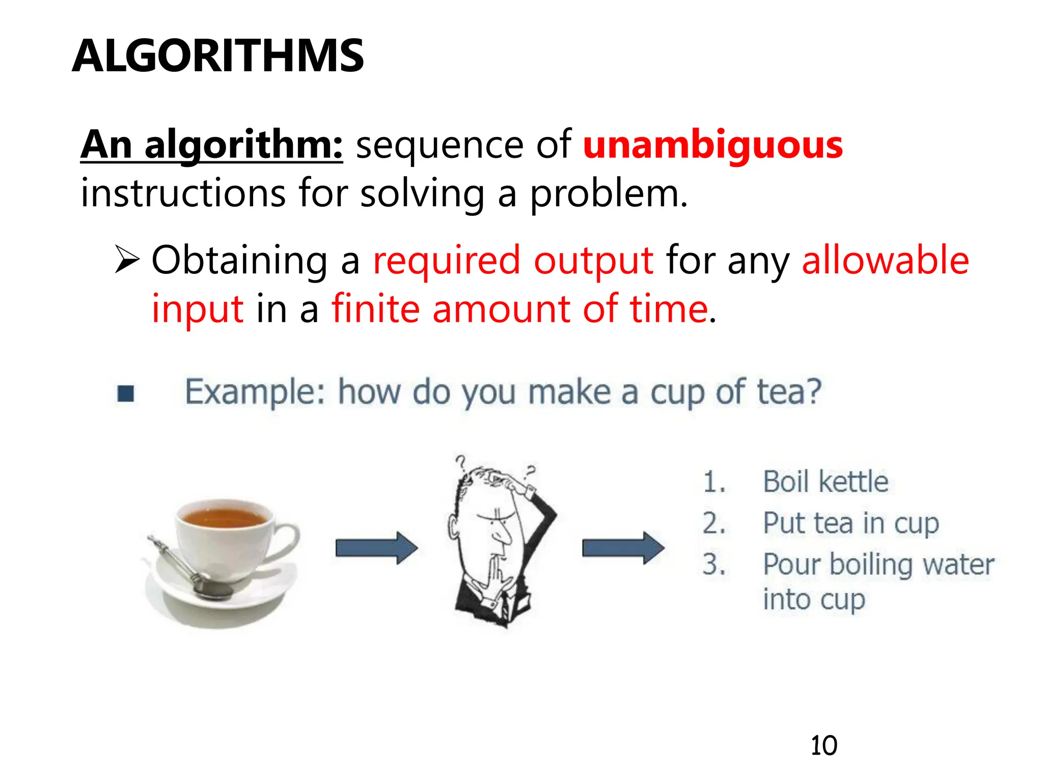 ALGORITHMS
An algorithm: sequence of unambiguous
instructions for solving a problem.
➢ Obtaining a required output for any allowable
input in a finite amount of time.
10
 