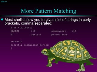 More Pattern Matching Most shells allow you to give a list of strings in curly brackets, comma separated: $ ls *{1,.sort} NAMES1  it1  names.sort  s1@ f1  letter1  passwd.sort secret1: secret1: Permission denied $  