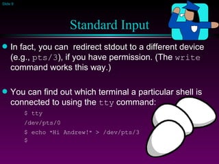 Standard Input In fact, you can  redirect stdout to a different device (e.g.,  pts/3 ), if you have permission. (The  write  command works this way.) You can find out which terminal a particular shell is connected to using the  tty  command: $ tty /dev/pts/0 $ echo  " Hi Andrew! "  > /dev/pts/3 $ 