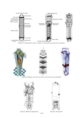 Entrada refrigerante reactor                                       Tubuladura vapor

                                 Entrada hombre
      Placa tubular
 Entrada auxiliar                 Entrada hombre                                      Separadores humedad
agua alimentación
Deflector superior

                                  Salida vapor               Entrada agua            Colector agua
                                                              alimentación           alimentación
                                   Entrada agua
                                   alimentación



 Deflector inferior




                                   Placa tubular
                                                                                    Colector purga
  Salida refrigerante           Entrada hombre
     reactor                                             Tubuladura primaria

                      Fig I.21.- a) Generador de vapor de 1 paso; b.c) Generadores de vapor de recirculación




                             Fig I.22.- Módulos con barras de control y haz de barras de combustible




                         Fig I.23.- Bomba de refrigeración                       Fig I.24.- Presurizador
                                                               I.-24
 