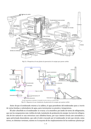 Fig I.4.- Perspectiva de una planta de generación de energía que quema carbón




                    Fig I.5.- Esquema de una instalación de generación de energía que quema carbón

     Antes de que el condensado retorne a la caldera, el agua procedente del condensador pasa a través
de varias bombas y calentadores de agua, para incrementar su presión y temperatura.
     El calor absorbido en el condensador se evacua a la atmósfera por medio de torres de refrigeración,
que son los componentes más visibles de toda instalación de producción de energía. La torre de refrigera-
ción de tiro natural es una estructura casi cilíndrica hueca, por cuyo interior circula aire ascendente y
agua pulverizada descendente, que cede el calor evacuado por el condensador al aire que circula; estas
torres, en distintas versiones, existen en la mayoría de los emplazamientos de las modernas plantas ge-
                                                         I.-6
 