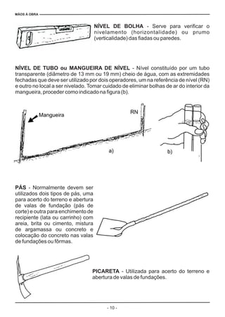 MÃOS À OBRA
- 10 -
NÍVEL DE BOLHA
NÍVEL DE TUBO ou MANGUEIRA DE NÍVEL
PÁS
PICARETA
- Serve para verificar o
nivelamento (horizontalidade) ou prumo
(verticalidade) das fiadas ou paredes.
- Nível constituído por um tubo
transparente (diâmetro de 13 mm ou 19 mm) cheio de água, com as extremidades
fechadas que deve ser utilizado por dois operadores, um na referência de nível (RN)
e outro no local a ser nivelado. Tomar cuidado de eliminar bolhas de ar do interior da
mangueira, proceder como indicado na figura (b).
- Normalmente devem ser
utilizados dois tipos de pás, uma
para acerto do terreno e abertura
de valas de fundação (pás de
corte) e outra para enchimento de
recipiente (lata ou carrinho) com
areia, brita ou cimento, mistura
de argamassa ou concreto e
colocação do concreto nas valas
de fundações ou fôrmas.
- Utilizada para acerto do terreno e
abertura de valas de fundações.
 