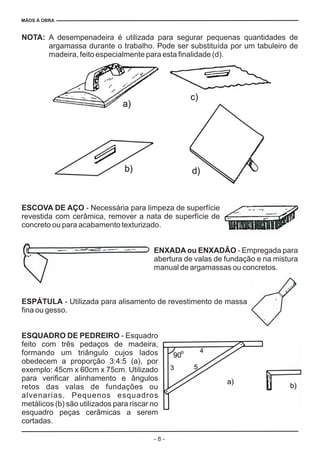 MÃOS À OBRA
- 8 -
NOTA:
ESCOVA DE AÇO
ENXADA ou ENXADÂO
ESPÁTULA
ESQUADRO DE PEDREIRO
A desempenadeira é utilizada para segurar pequenas quantidades de
argamassa durante o trabalho. Pode ser substituída por um tabuleiro de
madeira, feito especialmente para esta finalidade (d).
- Necessária para limpeza de superfície
revestida com cerâmica, remover a nata de superfície de
concreto ou para acabamento texturizado.
- Empregada para
abertura de valas de fundação e na mistura
manual de argamassas ou concretos.
- Utilizada para alisamento de revestimento de massa
fina ou gesso.
- Esquadro
feito com três pedaços de madeira,
formando um triângulo cujos lados
obedecem a proporção 3:4:5 (a), por
exemplo: 45cm x 60cm x 75cm. Utilizado
para verificar alinhamento e ângulos
retos das valas de fundações ou
alvenarias. Pequenos esquadros
metálicos (b) são utilizados para riscar no
esquadro peças cerâmicas a serem
cortadas.
 