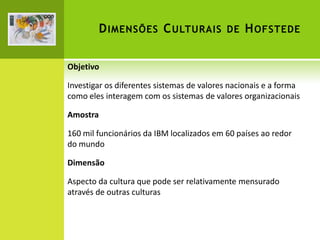 D IMENSÕES C ULTURAIS DE H OFSTEDE
Objetivo

Investigar os diferentes sistemas de valores nacionais e a forma
como eles interagem com os sistemas de valores organizacionais
Amostra
160 mil funcionários da IBM localizados em 60 países ao redor
do mundo
Dimensão
Aspecto da cultura que pode ser relativamente mensurado
através de outras culturas

 