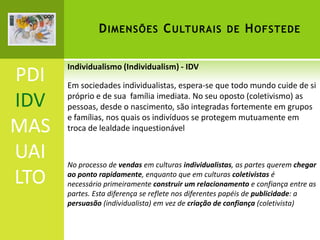 D IMENSÕES C ULTURAIS DE H OFSTEDE

PDI
IDV
MAS
UAI
LTO

Individualismo (Individualism) - IDV

Em sociedades individualistas, espera-se que todo mundo cuide de si
próprio e de sua família imediata. No seu oposto (coletivismo) as
pessoas, desde o nascimento, são integradas fortemente em grupos
e famílias, nos quais os indivíduos se protegem mutuamente em
troca de lealdade inquestionável

No processo de vendas em culturas individualistas, as partes querem chegar
ao ponto rapidamente, enquanto que em culturas coletivistas é
necessário primeiramente construir um relacionamento e confiança entre as
partes. Esta diferença se reflete nos diferentes papéis de publicidade: a
persuasão (individualista) em vez de criação de confiança (coletivista)

 