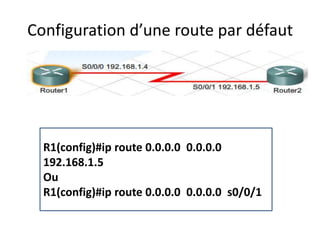 Configuration d’une route par défaut
R1(config)#ip route 0.0.0.0 0.0.0.0
192.168.1.5
Ou
R1(config)#ip route 0.0.0.0 0.0.0.0 s0/0/1
 