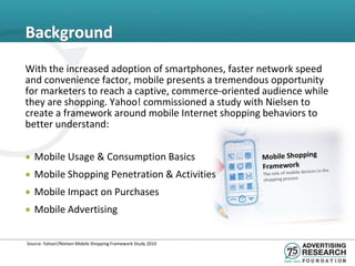 Background
With the increased adoption of smartphones, faster network speed
and convenience factor, mobile presents a tremendous opportunity
for marketers to reach a captive, commerce-oriented audience while
they are shopping. Yahoo! commissioned a study with Nielsen to
create a framework around mobile Internet shopping behaviors to
better understand:


• Mobile Usage & Consumption Basics
• Mobile Shopping Penetration & Activities
• Mobile Impact on Purchases
• Mobile Advertising

Source: Yahoo!/Nielsen Mobile Shopping Framework Study 2010
 