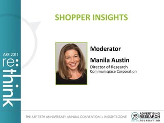 SHOPPER INSIGHTS


       Moderator
       Manila Austin
       Director of Research
       Communispace Corporation
 