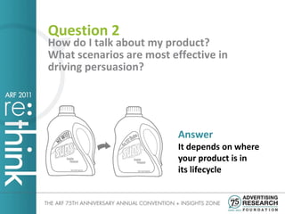 Question 2
How do I talk about my product?
What scenarios are most effective in
driving persuasion?




                          Answer
                          It depends on where
                          your product is in
                          its lifecycle
 