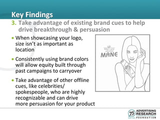 Key Findings
3. Take advantage of existing brand cues to help
   drive breakthrough & persuasion
• When showcasing your logo,
  size isn’t as important as
  location
• Consistently using brand colors
  will allow equity built through
  past campaigns to carryover
• Take advantage of other offline
  cues, like celebrities/
  spokespeople, who are highly
  recognizable and can drive
  more persuasion for your product
 