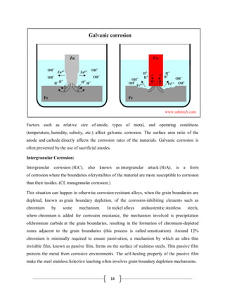 18
Factors such as relative size of anode, types of metal, and operating conditions
(temperature, humidity, salinity, etc.) affect galvanic corrosion. The surface area ratio of the
anode and cathode directly affects the corrosion rates of the materials. Galvanic corrosion is
often prevented by the use of sacrificial anodes.
Intergranular Corrosion:
Intergranular corrosion (IGC), also known as intergranular attack (IGA), is a form
of corrosion where the boundaries ofcrystallites of the material are more susceptible to corrosion
than their insides. (Cf. transgranular corrosion.)
This situation can happen in otherwise corrosion-resistant alloys, when the grain boundaries are
depleted, known as grain boundary depletion, of the corrosion-inhibiting elements such as
chromium by some mechanism. In nickel alloys andaustenitic stainless steels,
where chromium is added for corrosion resistance, the mechanism involved is precipitation
ofchromium carbide at the grain boundaries, resulting in the formation of chromium-depleted
zones adjacent to the grain boundaries (this process is called sensitization). Around 12%
chromium is minimally required to ensure passivation, a mechanism by which an ultra thin
invisible film, known as passive film, forms on the surface of stainless steels. This passive film
protects the metal from corrosive environments. The self-healing property of the passive film
make the steel stainless.Selective leaching often involves grain boundary depletion mechanisms.
 
