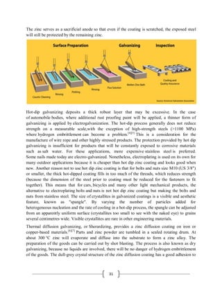 31
The zinc serves as a sacrificial anode so that even if the coating is scratched, the exposed steel
will still be protected by the remaining zinc.
Hot-dip galvanizing deposits a thick robust layer that may be excessive. In the case
of automobile bodies, where additional rust proofing paint will be applied, a thinner form of
galvanizing is applied by electrogalvanization. The hot-dip process generally does not reduce
strength on a measurable scale,with the exception of high-strength steels (>1100 MPa)
where hydrogen embrittlement can become a problem.[4][5]
This is a consideration for the
manufacture of wire rope and other highly stressed products. The protection provided by hot dip
galvanizing is insufficient for products that will be constantly exposed to corrosive materials
such as salt water. For these applications, more expensive stainless steel is preferred.
Some nails made today are electro-galvanized. Nonetheless, electroplating is used on its own for
many outdoor applications because it is cheaper than hot dip zinc coating and looks good when
new. Another reason not to use hot dip zinc coating is that for bolts and nuts size M10 (US 3/8")
or smaller, the thick hot-dipped coating fills in too much of the threads, which reduces strength
(because the dimension of the steel prior to coating must be reduced for the fasteners to fit
together). This means that for cars, bicycles and many other light mechanical products, the
alternative to electroplating bolts and nuts is not hot dip zinc coating but making the bolts and
nuts from stainless steel. The size of crystallites in galvanized coatings is a visible and aesthetic
feature, known as "spangle". By varying the number of particles added for
heterogeneous nucleation and the rate of cooling in a hot-dip process, the spangle can be adjusted
from an apparently uniform surface (crystallites too small to see with the naked eye) to grains
several centimetres wide. Visible crystallites are rare in other engineering materials.
Thermal diffusion galvanizing, or Sherardizing, provides a zinc diffusion coating on iron or
copper-based materials.[6][7]
Parts and zinc powder are tumbled in a sealed rotating drum. At
about 300 °C zinc will evaporate and diffuse into the substrate to form a zinc alloy. The
preparation of the goods can be carried out by shot blasting. The process is also known as dry
galvanizing, because no liquids are involved, there will be no danger of hydrogen embrittlement
of the goods. The dull-grey crystal structure of the zinc diffusion coating has a good adhesion to
 