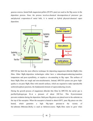 40
gaseous sources, heated bulk magnesium pellets (99.95% pure) are used as the Mg source in the
deposition process. Since the process involves chemical decomposition of precursor gas
and physical evaporation of metal bulk, it is named as hybrid physical-chemical vapor
deposition.
HPCVD has been the most effective technique for depositing magnesium diboride (MgB2) thin
films. Other MgB2 deposition technologies either have a reducedsuperconducting transition
temperature and poor crystallinity, or require ex situ annealing in Mg vapor. The surfaces of
these MgB2 films are rough and non-stoichiometric. Instead, HPCVD system can grow high-
quality in situ pure MgB2 films with smooth surfaces, which are required to make reproducible
uniformJosephson junctions, the fundamental element of superconducting circuits.
During the growth process of magnesium diboride thin films by HPCVD, the carrier gas is
purified hydrogen gas H2 at a pressure of about 100 Torr. This H2environment
prevents oxidation during the deposition. Bulk pure Mg pieces are placed next to the substrate on
the top of the susceptor. When the susceptor is heated to about 650°C, pure Mg pieces are also
heated, which generates a high Mg vapor pressure in the vicinity of
the substrate. Diborane (B2H6) is used as theboron source. MgB2 films starts to grow when
 