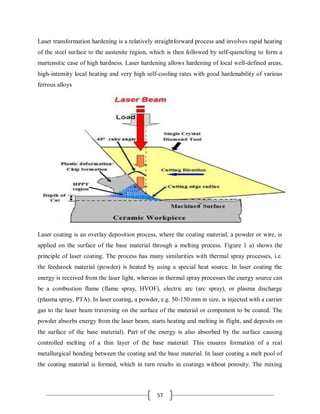 57
Laser transformation hardening is a relatively straightforward process and involves rapid heating
of the steel surface to the austenite region, which is then followed by self-quenching to form a
martensitic case of high hardness. Laser hardening allows hardening of local well-defined areas,
high-intensity local heating and very high self-cooling rates with good hardenability of various
ferrous alloys
Laser coating is an overlay deposition process, where the coating material, a powder or wire, is
applied on the surface of the base material through a melting process. Figure 1 a) shows the
principle of laser coating. The process has many similarities with thermal spray processes, i.e.
the feedstock material (powder) is heated by using a special heat source. In laser coating the
energy is received from the laser light, whereas in thermal spray processes the energy source can
be a combustion flame (flame spray, HVOF), electric arc (arc spray), or plasma discharge
(plasma spray, PTA). In laser coating, a powder, e.g. 50-150 mm in size, is injected with a carrier
gas to the laser beam traversing on the surface of the material or component to be coated. The
powder absorbs energy from the laser beam, starts heating and melting in flight, and deposits on
the surface of the base material). Part of the energy is also absorbed by the surface causing
controlled melting of a thin layer of the base material. This ensures formation of a real
metallurgical bonding between the coating and the base material. In laser coating a melt pool of
the coating material is formed, which in turn results in coatings without porosity. The mixing
 