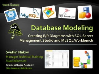 Database Modeling
Creating E/R Diagrams with SQL Server
Management Studio and MySQLWorkbench
Svetlin Nakov
Telerik Software Academy
http://academy.telerik.com
ManagerTechnicalTraining
http://nakov.com
 